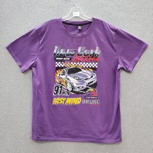 Romwe Men T-Shirt XL Purple Car New York Left Road Fast Mind Free Racer Graphic